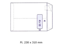 ZAK-ENVELOP WIT - Ft. 230 x 310 mm   VENSTER Wit - STRIP - 100 gr - Binnendruk blauw - Doos 250