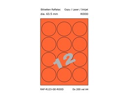 ETIKETTEN RAFLATAC R12-3 - rond dia. 63.5 mm Rood - 12 etiket / vel A4 - Doos 200 vel